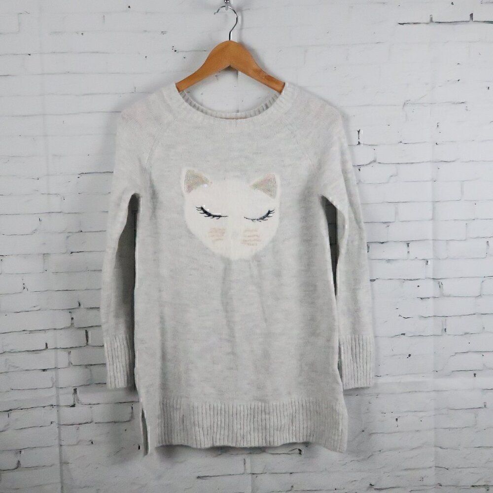 LC LAUREN CONRAD GREY SEQUIN KITTY CAT PULL OVER TUNIC SWEATER SIZE XS